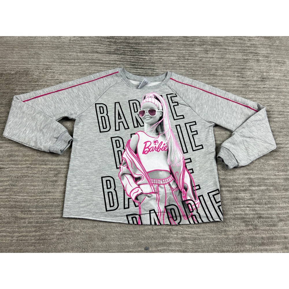 Barbie Sweatshirt Girls L 10-12 Gray Pink Graphic Print Raglan Raw Hem Mattel